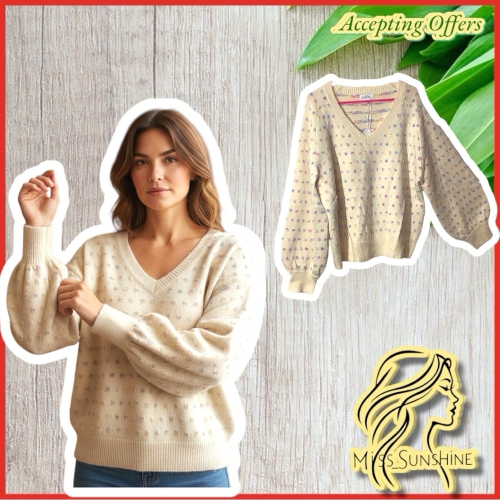 Emily wonder NEW - Sz L - ballon sleeves -  v neck sweater with tiny poms